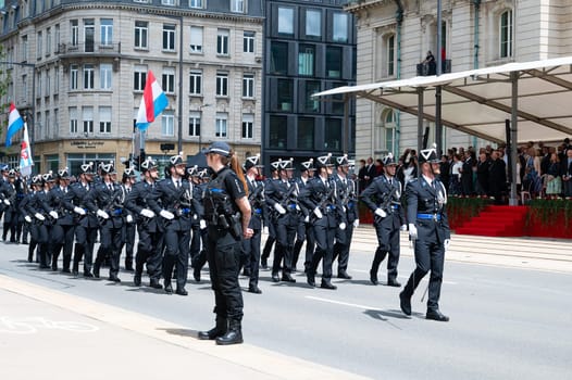 National Day Luxembourg, celebration of the Grand Duke´s birthday, military parade with luxembourgish army, police, fire department, rescue service and armed forced, Luxembourg city, 23.06.2024