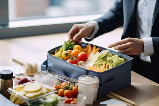 Person is eating healthy balanced lunch at work. Prepared meal ready to eat at office. Lunch in container for office worker. Having lunch at work. Healthy style. Healthy office box with sliced vegetables and fruits. Fresh, healthy and convenient meal