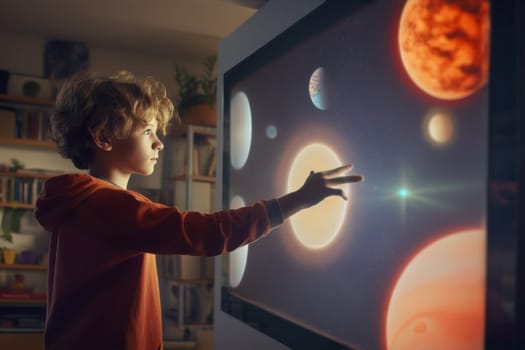 Curious boy learning about solar system using computer with interactive touch screen. Educational online app. Modern learning technology. Elementary school age boy doing homework using online app. Discovering world. Back to school concept