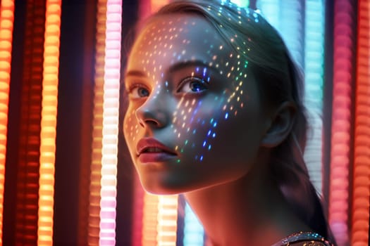 Portrait of woman looking at intriguing lights. Futuristic interaction of human and new technology. Led, laser, neon lights. Science research. Cyber innovations in real life. Electronic high technologies. Learning AI models. Collecting data from real life using AI in real-time