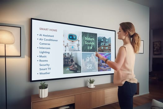 Woman using smart home system on tv screen. Effective and energy efficient system using less energy. Smart living. AI assistant, digital dashboard for air conditioning, cameras, intercom, media, lighting, weather, security network or house automation. App software, UI panel. Internet of things IoT technology