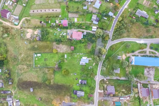 Top view of the village, fields and forests near the village