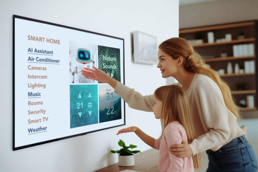 Woman showing how to use smart home system on tv screen. Effective and energy efficient system using less energy. Smart living. AI assistant, digital dashboard for air conditioning, cameras, intercom, media, lighting, weather, security network or house automation. App software, UI panel. Internet of things IoT technology