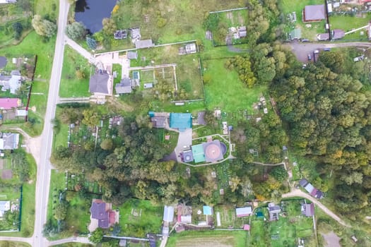 Top view of the village, fields and forests near the village