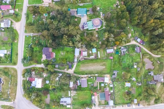 Top view of the village, fields and forests near the village