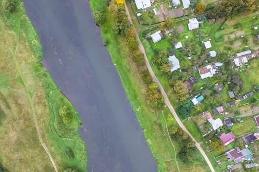Top view of the village, fields and forests near the village