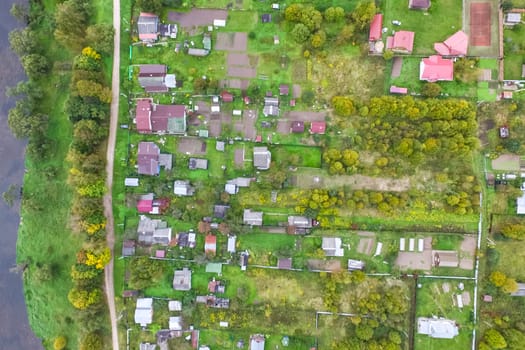 Top view of the village, fields and forests near the village