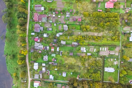 Top view of the village, fields and forests near the village