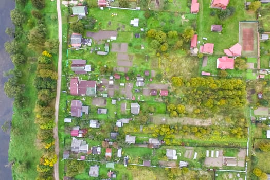 Top view of the village, fields and forests near the village