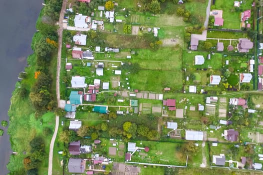 Top view of the village, fields and forests near the village