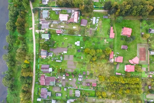 Top view of the village, fields and forests near the village