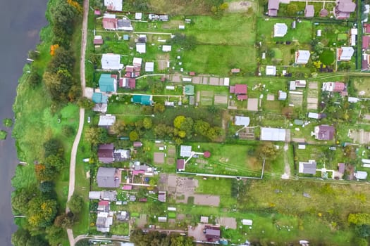 Top view of the village, fields and forests near the village
