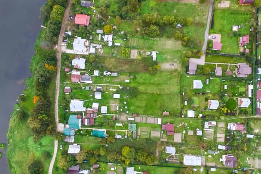 Top view of the village, fields and forests near the village