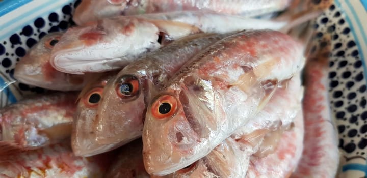 Fresh red mullets fishes stacked in a row on ice trays at the market stock instant prints background high quality down loadings