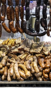 Grilled sausage on barbecue, typical food in Spain, food