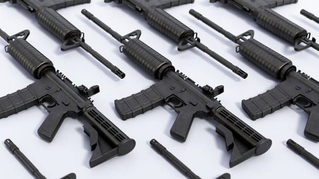 Group of automatic assault rifles isolated on white background. 3D illustration.