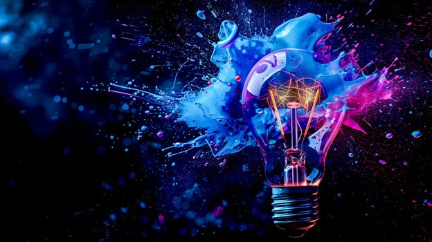 Light bulb exploding colorful paint splashing  black background creativity concept