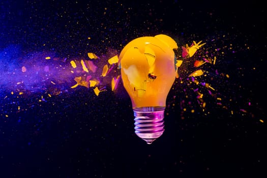 Yellow light bulb exploding black background real high speed image