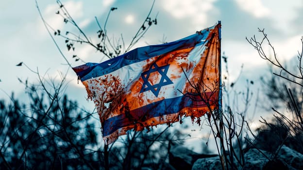 Torn and bloody israeli flag  waving  wind, symbolizing conflict  violence