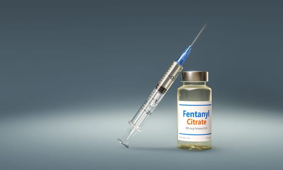Close up  syringe  fentanyl citrate vial dark background, addiction concept. 3d render
