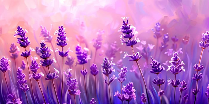 Purple lavender flowers field  sunset sky  blurred background