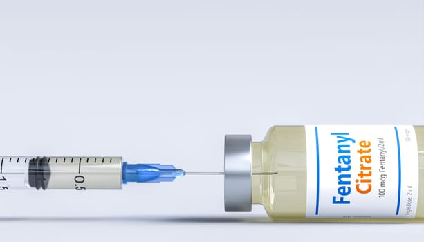 Syringe attached bottle fentanyl citrate drug concept 3d render