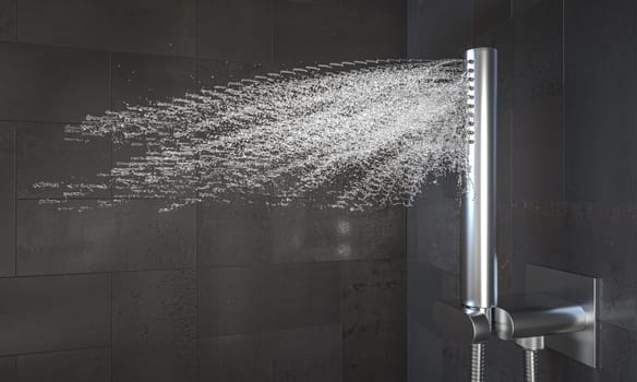 Modern shower head  spraying water black tile wall  bathroom 3d