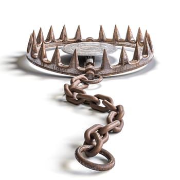 Rusty bear trap lying open sharp teeth showing  chain attached 3d