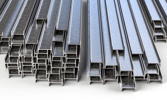 Stack steel metal i-beams different sizes  white background 3d
