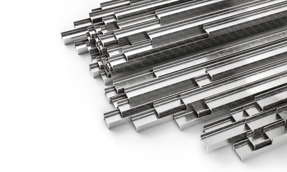 Steel bars of different sizes are lying on a white surface 3d render