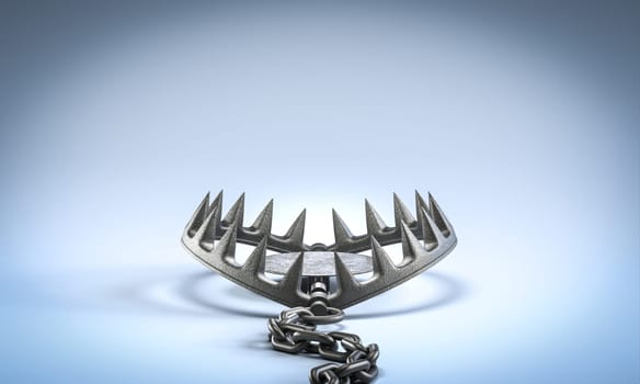Metal bear trap  blue background, danger concept 3d render