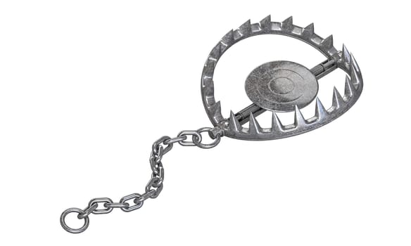 3d i metallic bear trap  chain isolated background, danger concept
