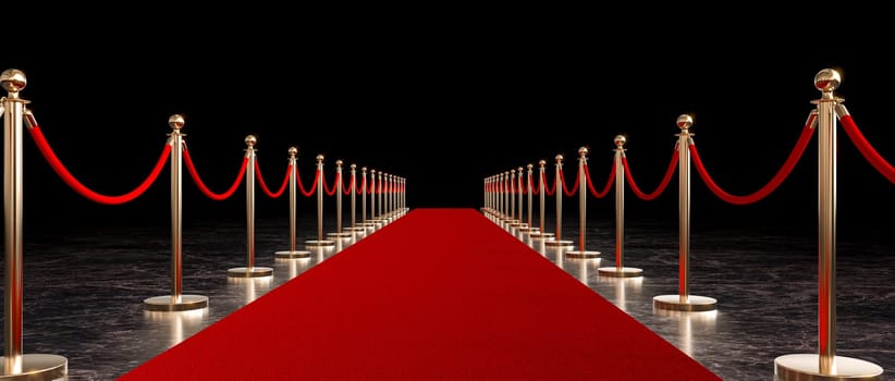 Red carpet between golden stanchions leading  vip event dark background 3d