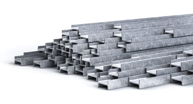 Stack of metal steel h beam profiles creating strong industrial background 3d