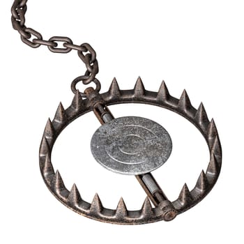 old, corroded bear trap  chain, isolated  background, danger concept 3d