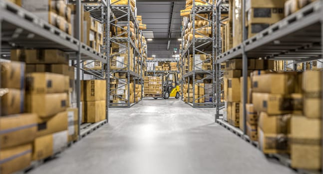Forklift transporting goods warehouse  rows  shelves full  boxes. 3d render