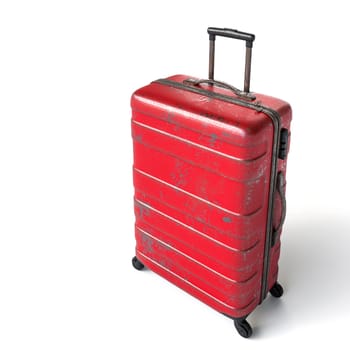 Red suitcase standing isolated  white background showing signs wear tear 3d