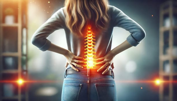 his AI-generated image shows a woman holding her lower back in pain, with a glowing spine.