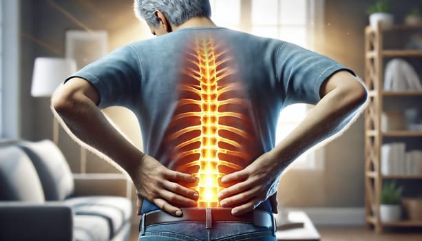 This image, generated by AI, depicts a man holding his lower back in pain with a glowing illustration of the spine.