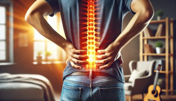 This image, generated by AI, depicts a man holding his lower back in pain with a glowing of the spine.