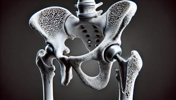 This AI-generated image shows the porous bone structure of the pelvis affected by osteoporosis with an artificial hip replacement.