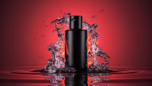 A sleek black cosmetic or perfume container surrounded by dynamic water splashes on a bright red background.