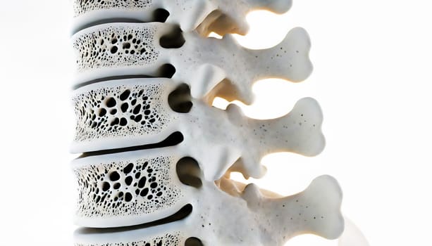 This AI-generated image shows the porous bone structure of the spine affected by advanced osteoporosis.