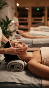 A woman receiving a relaxing facial massage in a tranquil spa setting, with other spa goers in the background.