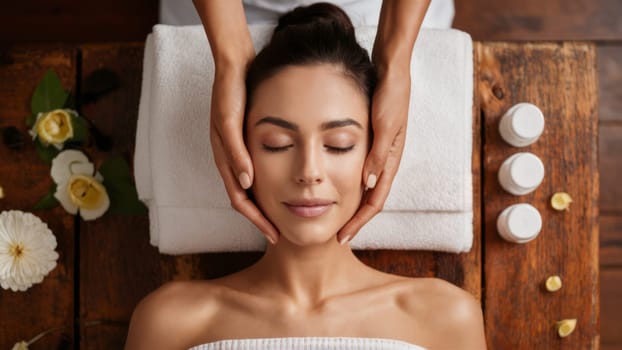 A woman receiving a relaxing facial massage at a spa, surrounded by flowers and spa products, conveying tranquility and relaxation.