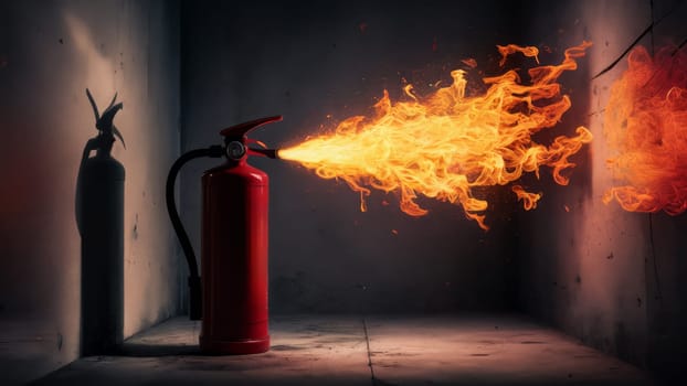 A fire extinguisher releasing a powerful burst of flames in a dimly lit room, highlighting safety and emergency response.emergency preparedness content.