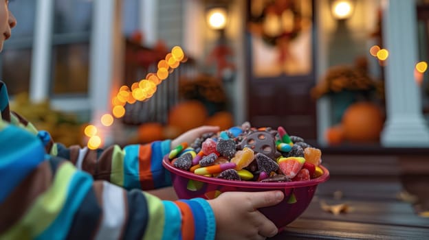 Close-up of a child's hand reaching for a bowl of Halloween candy, with a decorated porch in the background.