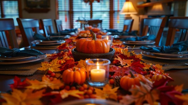 A cozy and beautifully laid Thanksgiving table with a centerpiece of fall leaves, candles, and pumpkins is all for the holiday.
