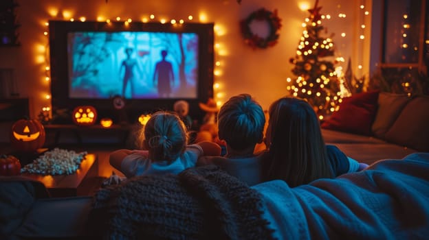 A family, snuggled up on a popcorn couch, watches a classic Halloween movie in dim lighting and holiday decorations.