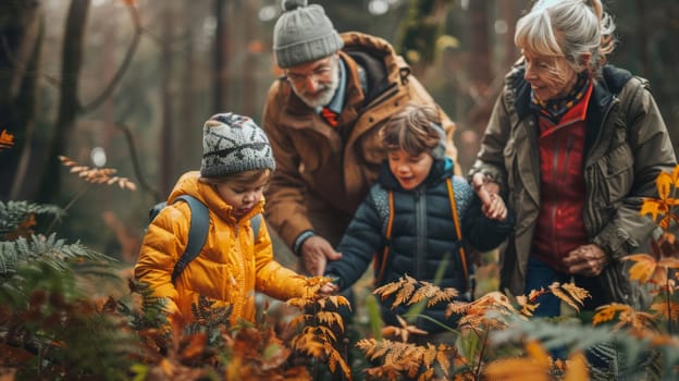 Grandparents take their grandchildren for a walk, explore the forest, and point out various plants and animals.